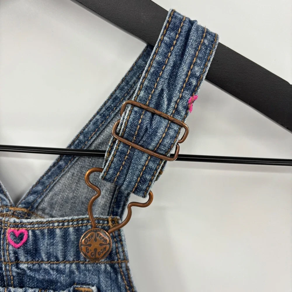 OshKosh B'gosh Heart Denim Overalls Kids 3T Blue Pink Embroidered Bib Dungarees
